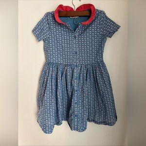 Mini Boden 100% Cotton Blue Patterned Bird Dress with Pink Collar